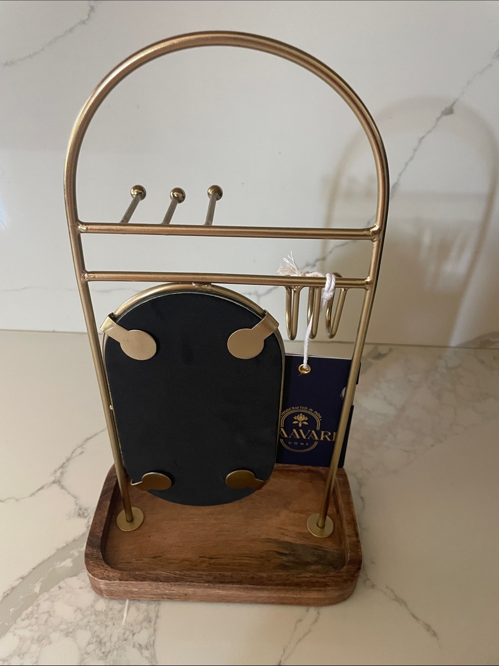 Gold Jewelry Organizer with Mirror, Hooks and Wooden Tray - Picture 2 of 5